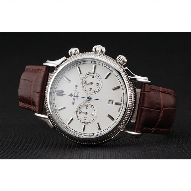 Patek Philippe Chronograph White Dial Stainless Steel Case Brown Leather Strap-3