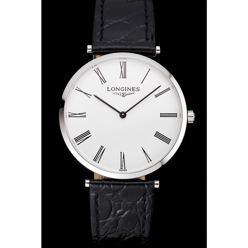 SS Swiss Longines Grande Classique White Dial Roman Numerals Stainless Steel Case Black Leather Strap-1