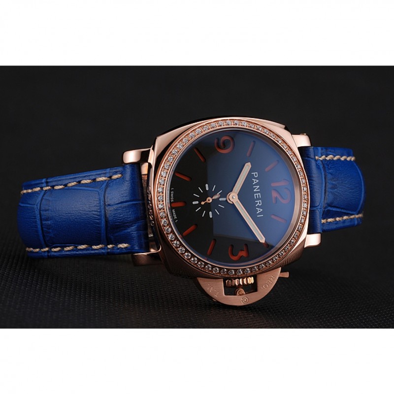 Panerai Radiomir Black Dial Diamond Bezel Rose Gold Case Blue Leather Strap 1453800-3