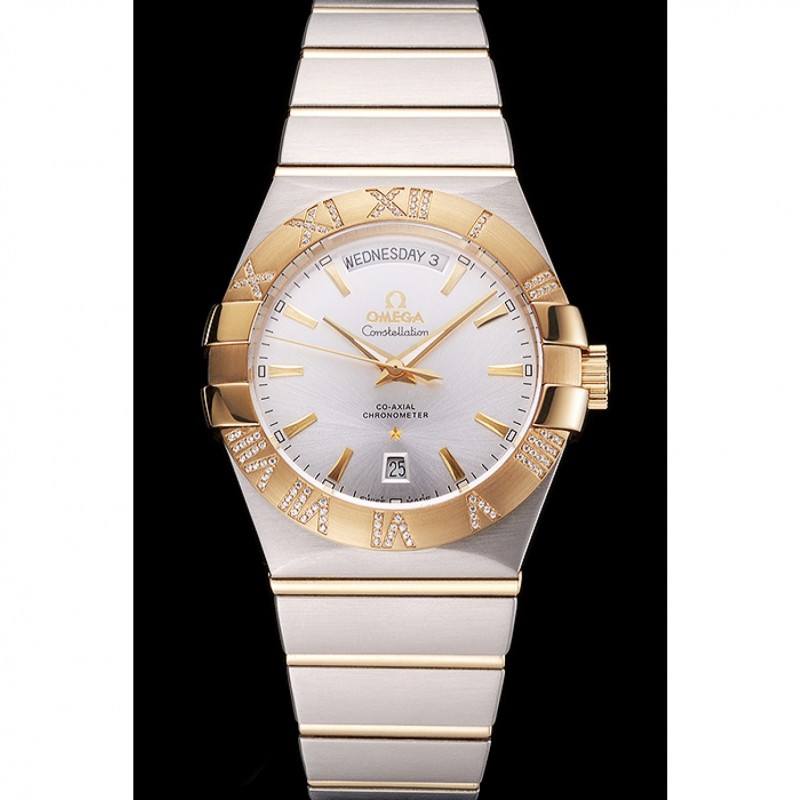 Swiss Omega Constellation White Dial Stainless Steel Case Gold Bezel Two Tone Bracelet-1