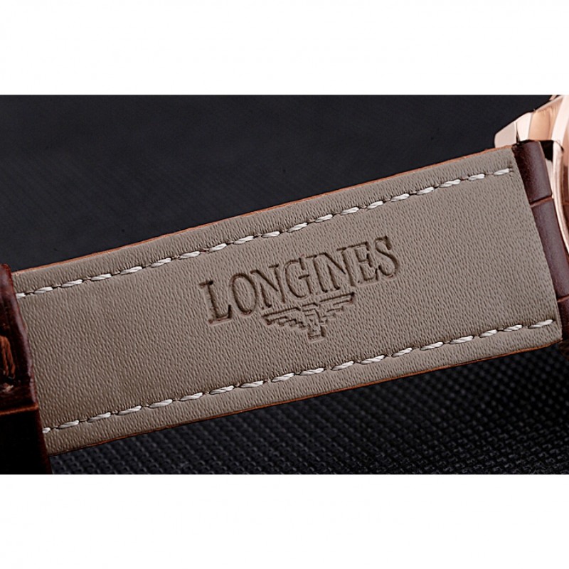 Luxury Replica Watches Longines Column Wheel White Dial Gold Case Brown Leather Strap-7