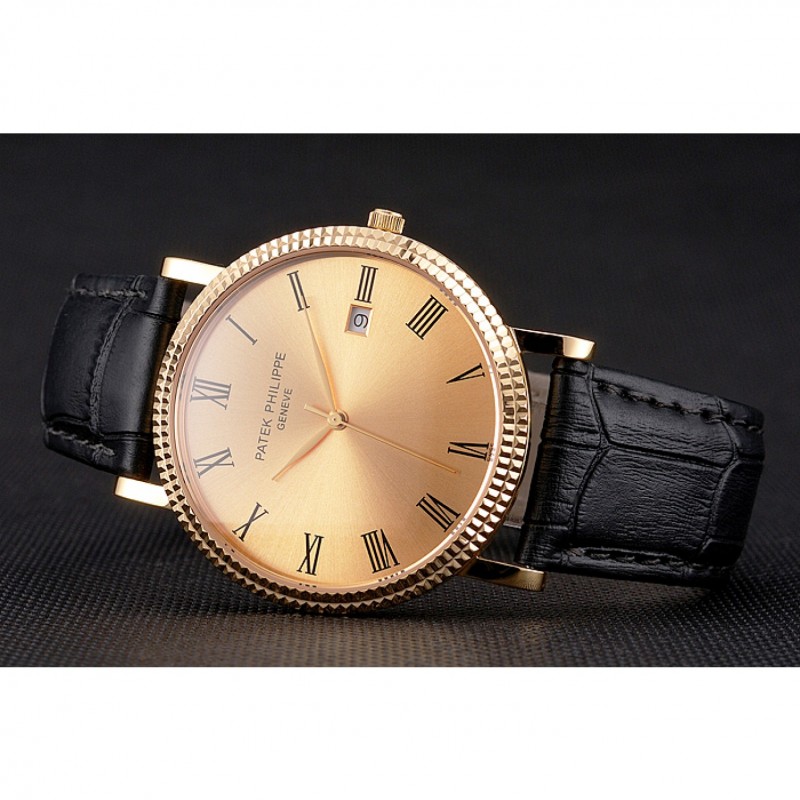 AAA Replica Watches Patek Philippe Calatrava Gold Dial Roman Numerals Ribbed Bezel Gold Case Black Leather Strap-3