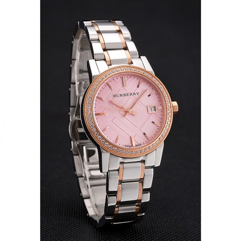 Cheap Burberry The City Pink Dial Rose Gold Diamond Bezel Stainless Steel Case Two Tone Bracelet-2