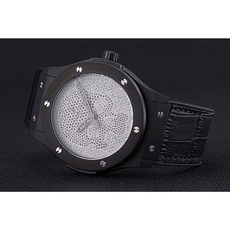 Hublot Classic Fusion Diamond Skull Dial Black Steel Case Black Leather Strap 622815-4
