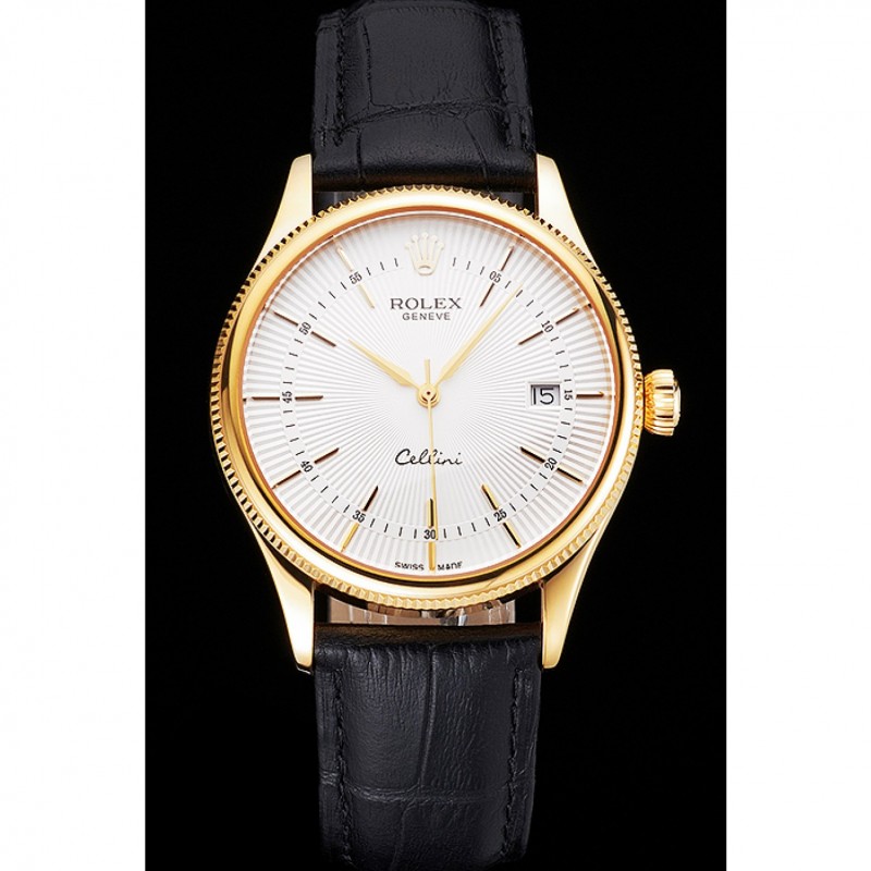 Swiss Rolex Cellini Date White Dial Gold Case Black Leather Strap-1