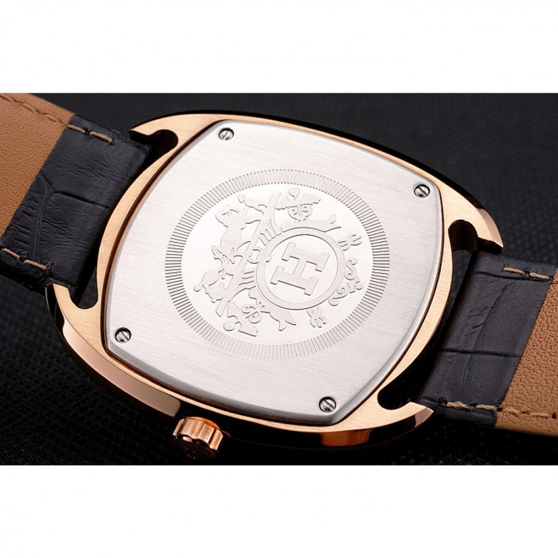 Hermes Dressage Light Brown Dial Rose Gold Case Black Leather Strap-7