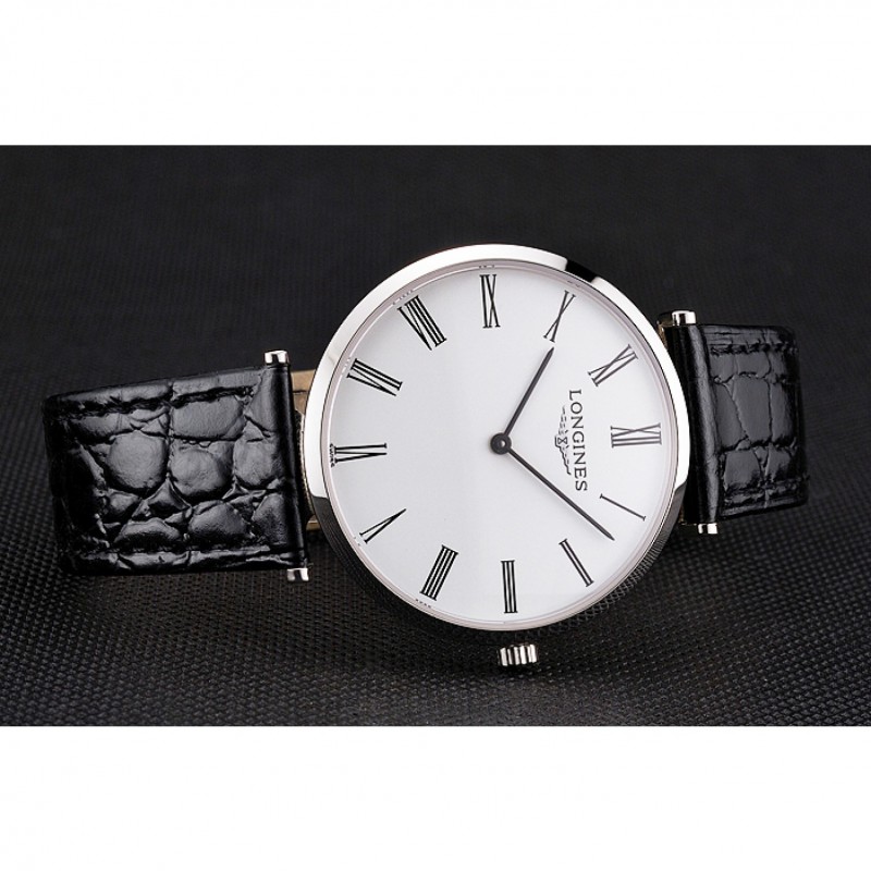 SS Swiss Longines Grande Classique White Dial Roman Numerals Stainless Steel Case Black Leather Strap-3