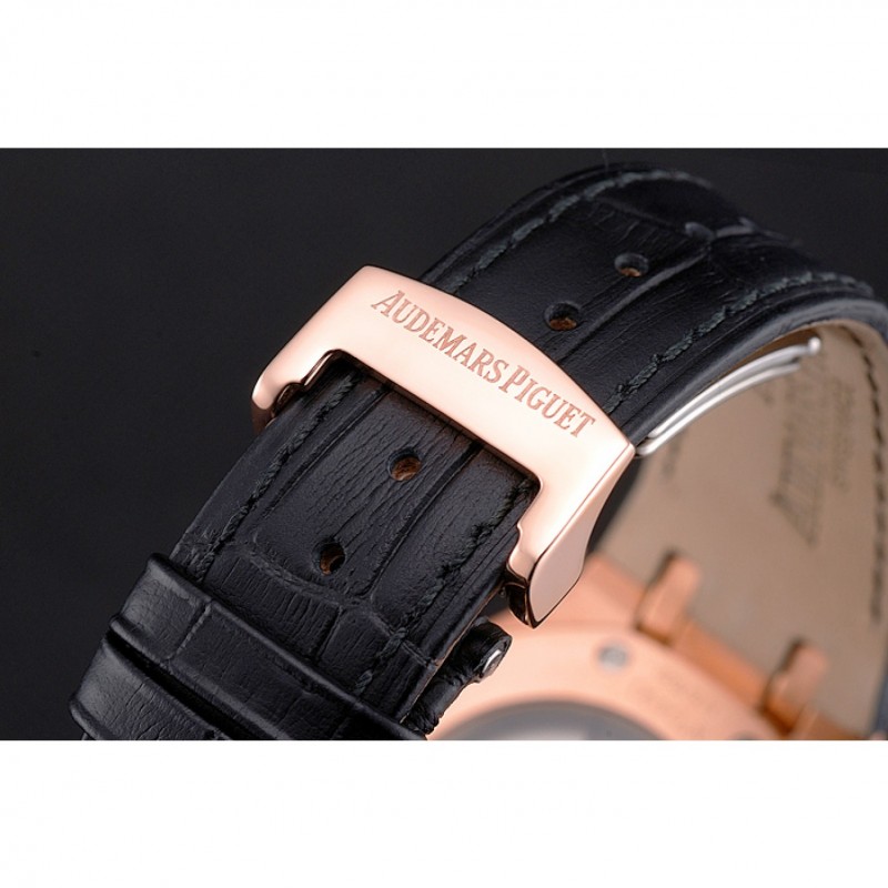 Swiss Audemars Piguet Royal Oak Black Dial Gold Case With Diamonds Black Leather Strap-5