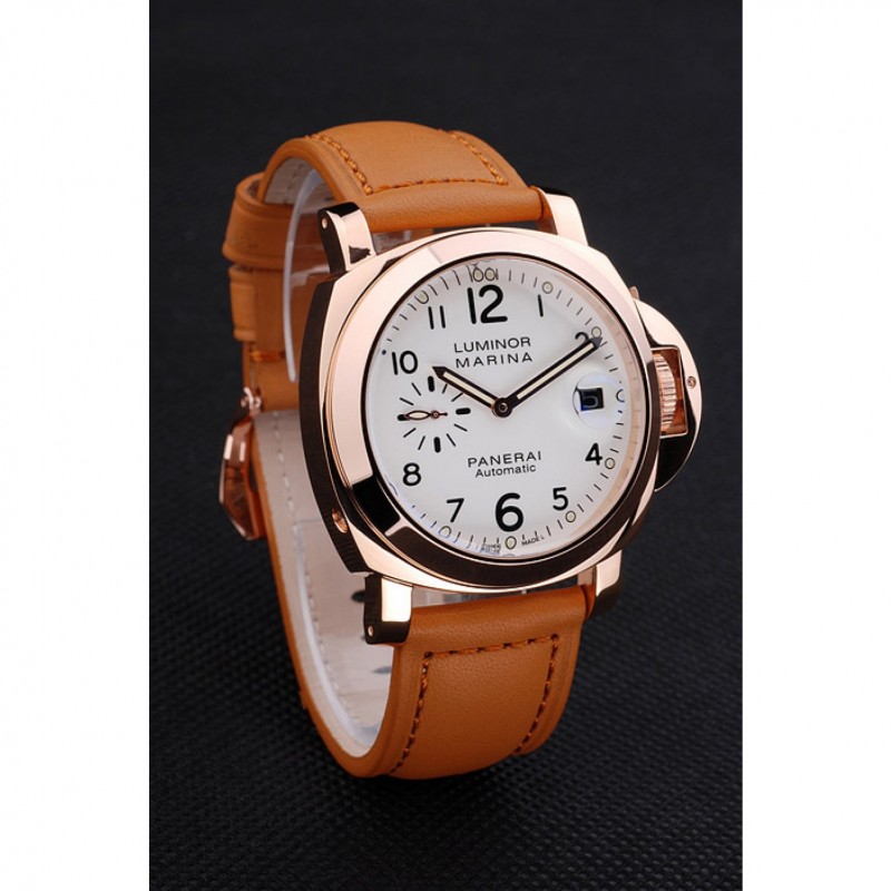 High Quality Replica Watches Panerai Luminor Marina White Dial Brown Leather Bracelet-2