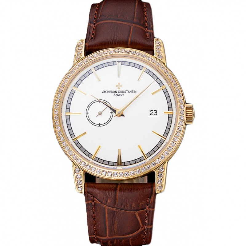 Luxury Replica Watches Swiss Vacheron Constantin Patrimony Contemporaine Gold Diamond Case White Dial Brown Leather Bracelet 622686-0