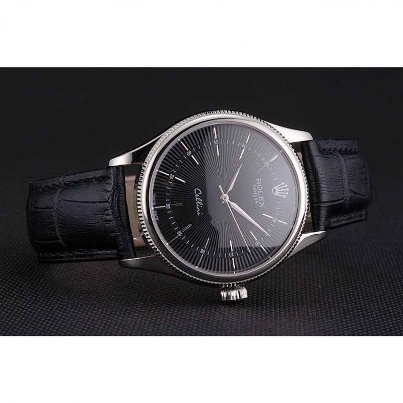 Swiss Rolex Cellini Black Dial Steel Case Black Leather Strap-3
