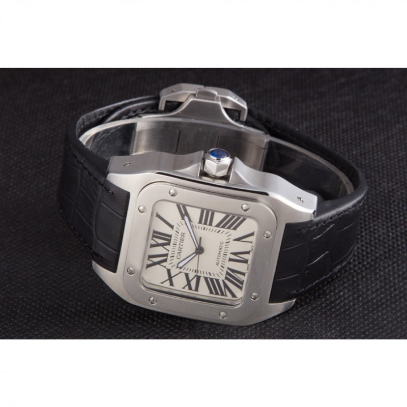 Swiss Cartier Santos Stainless Steel Bezel with Black Leather Strap 621524-4