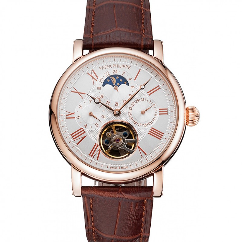 Patek Philippe Grand Complications Moonphase Perpetual Calendar Tourbillon White Dial Rose Gold Case Brown Leather Strap-0