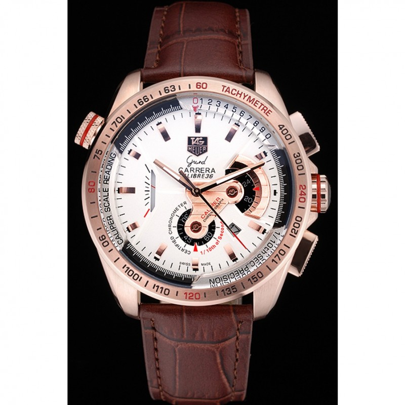 SS Tag Heuer Carrera Rose Gold Case White Dial Brown Leather Strap 98244-1