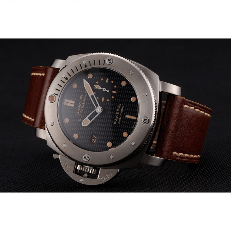 High End Swiss Panerai Submersible Left Handed Black Embossed Case Stainless Steel Case Brown Leather Strap-3