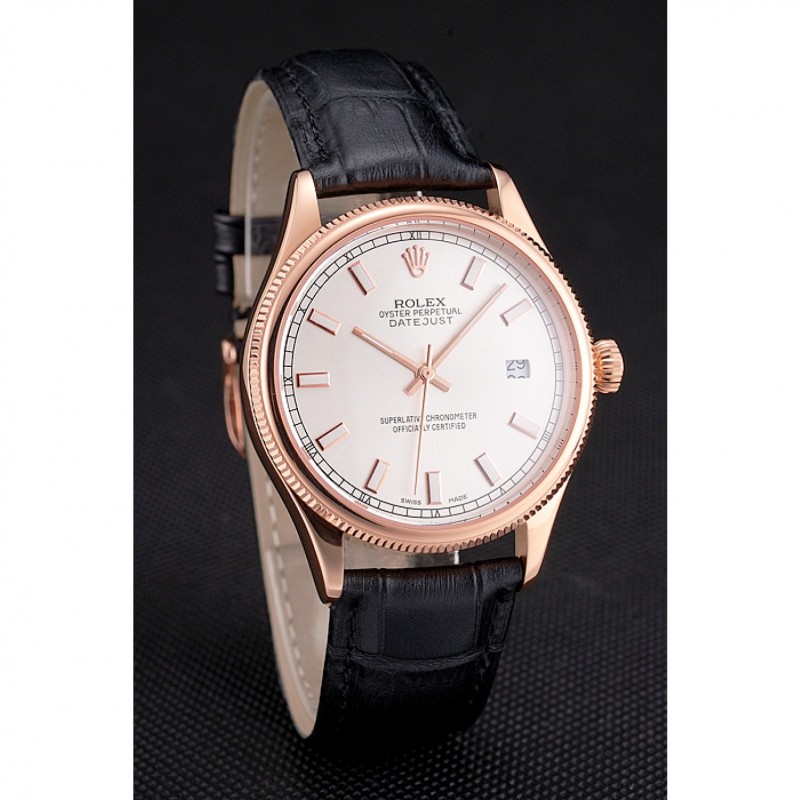 High Quality Swiss Rolex Datejust White Dial Rose Gold Case Black Leather Strap-2