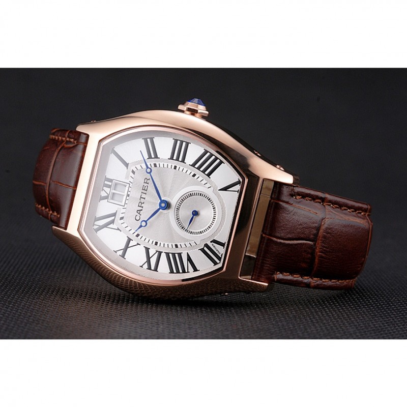 Cartier Tortue Large Date White Dial Gold Case Brown Leather Strap-4