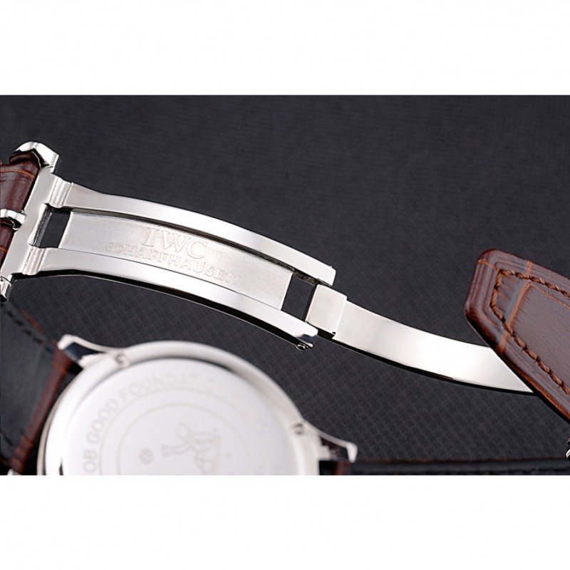 IWC Portugieser Chronograph White Dial Rose Gold Hands And Numerals Steel Case With Diamonds Brown Leather Strap-6