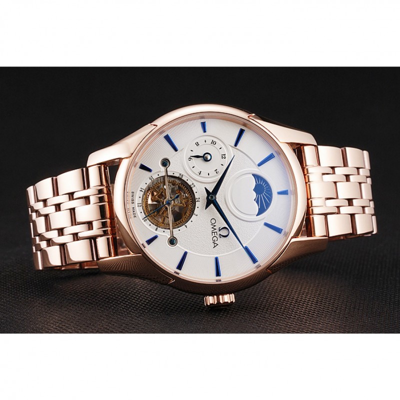 AAA Replica Watches Omega De Ville Moonphase Tourbillon White Dial Blue Hands Rose Gold Case And Bracelet-4