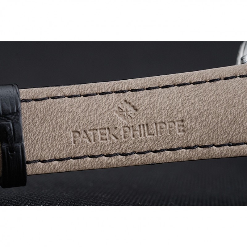 Patek Philippe Perpetual Calendar Retrograde Date Black Dial Engraved Silver Case Black Leather Bracelet 1454146-7