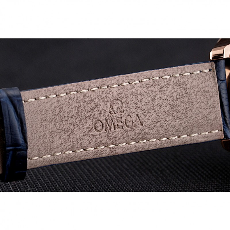Best Replica Watches Omega Chronograph Black Dial Rose Gold Case Blue Leather Strap-6