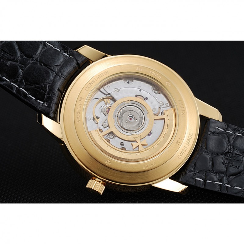 Swiss Vacheron Constantin Patrimony White Dial Gold Case Black Leather Bracelet 1454177-7