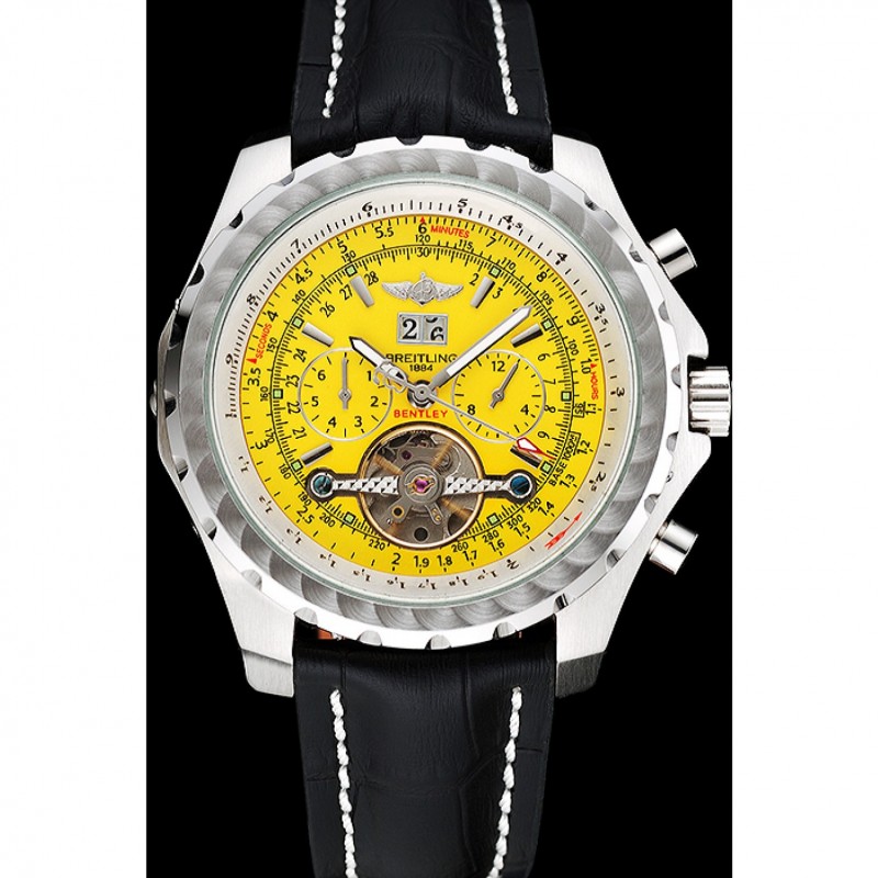 High End Replica Watches Breitling Bentley Mulliner Tourbillon Yellow Dial Stainless Steel Case Black Leather Strap 622730-1