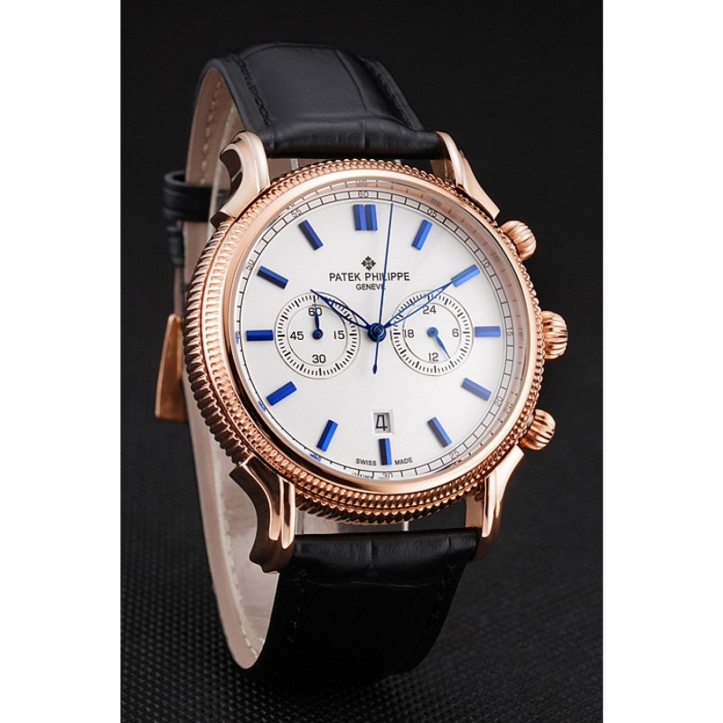 High End Replica Watches Patek Philippe Chronograph White Dial Blue Markings Rose Gold Case Black Leather Strap-2