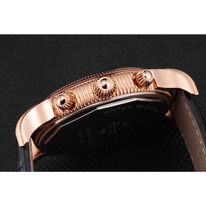 High End Replica Watches Patek Philippe Chronograph White Dial Blue Markings Rose Gold Case Black Leather Strap-8