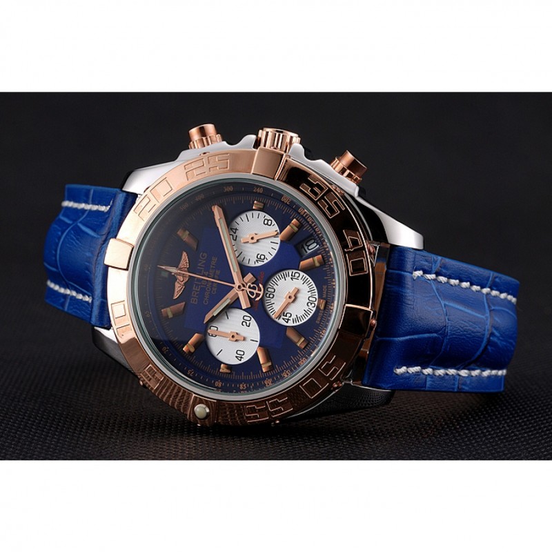 Cheap Breitling Chronomat Patrouille De France Blue Dial Stainless Steel Case Blue Leather Strap-3