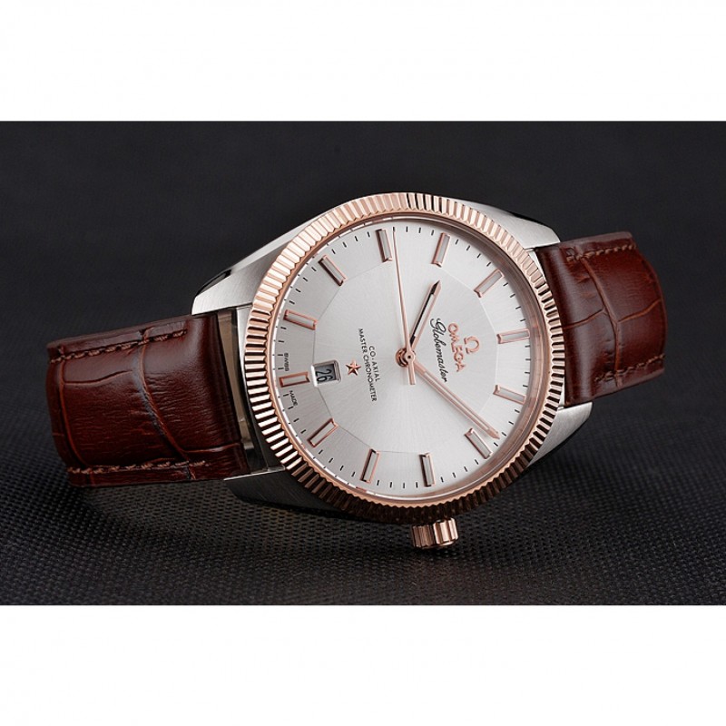 Omega Globemaster Silver Dial Rose Gold Bezel Stainless Steel Case Brown Leather Strap-4