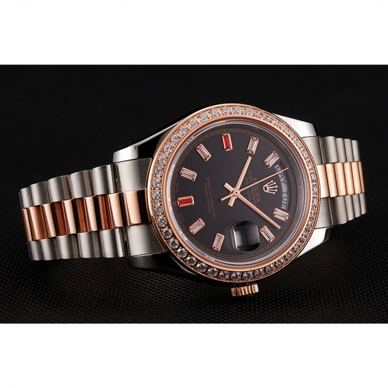 Swiss Rolex Day-Date Diamonds And Rubies Black Dial Rose Gold And Staineless Steel Bracelet 1454106-4