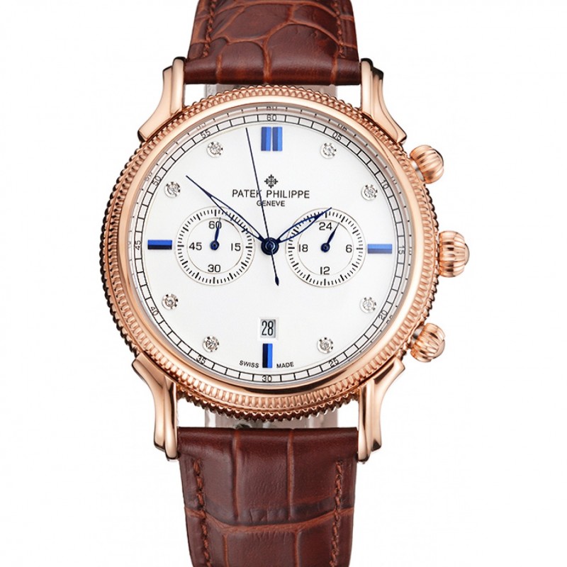 Best Patek Philippe Chronograph White Dial With Blue And Diamond Markings Rose Gold Case Brown Leather Strap-0