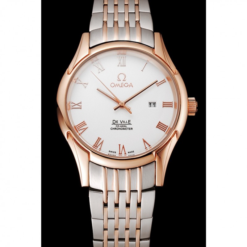 High Quality Omega De Ville White Dial Rose Gold Case Two Tone Bracelet 1453781-1