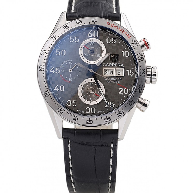 SS Replica Watches Tag Heuer Swiss Carrera Tachymeter Bezel Black Leather Strap Checkered Brown Dial-0