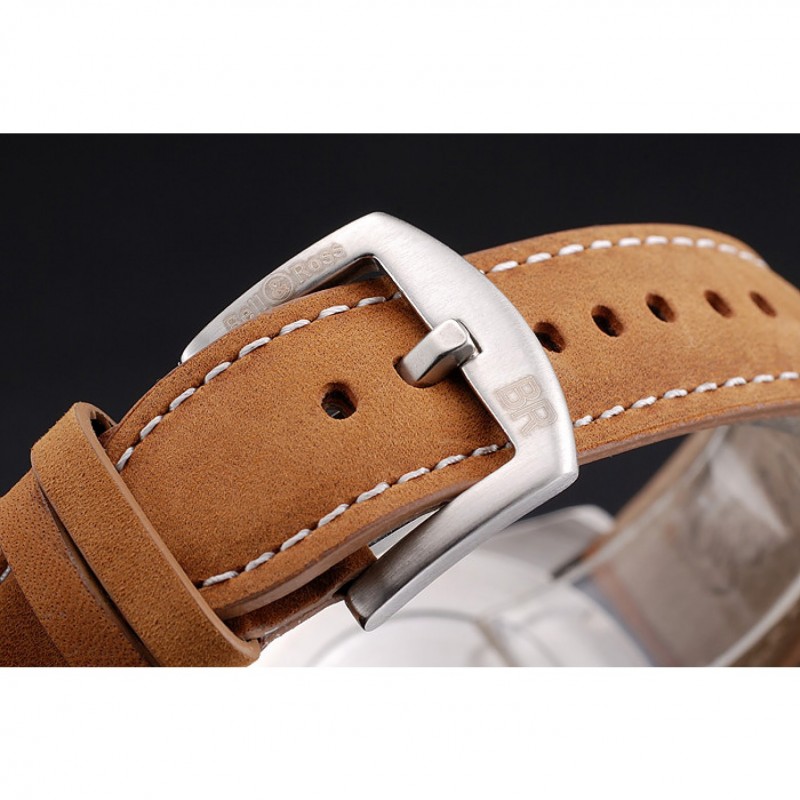 Bell and Ross BR126 Flyback Black Dial Silver Case Gold Numerals Brown Suede Leather Strap-5