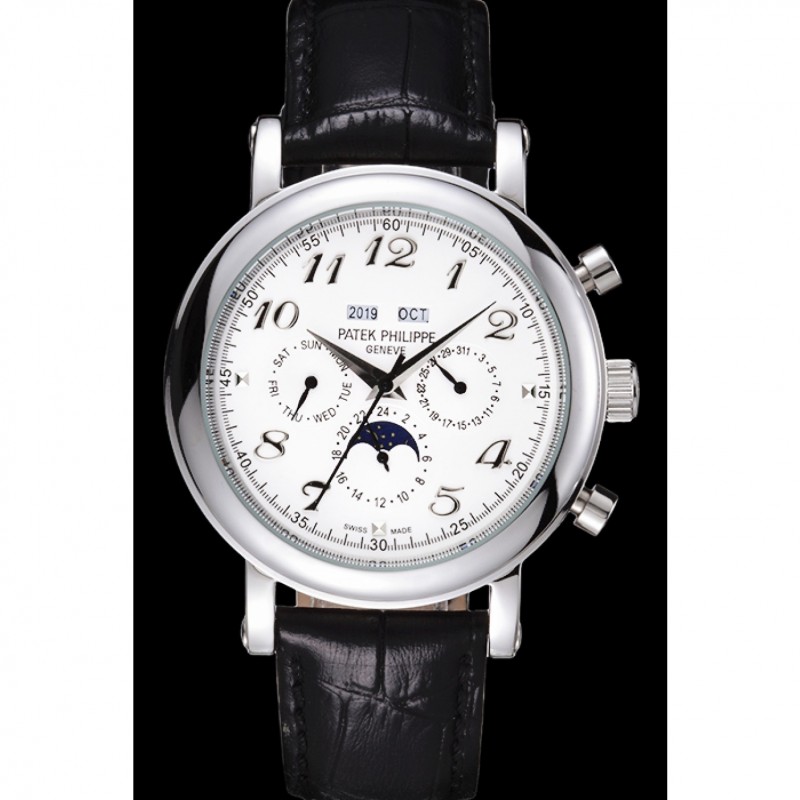 Patek Philippe Grand Complications Moon Phase White Dial Black Leather Bracelet-1
