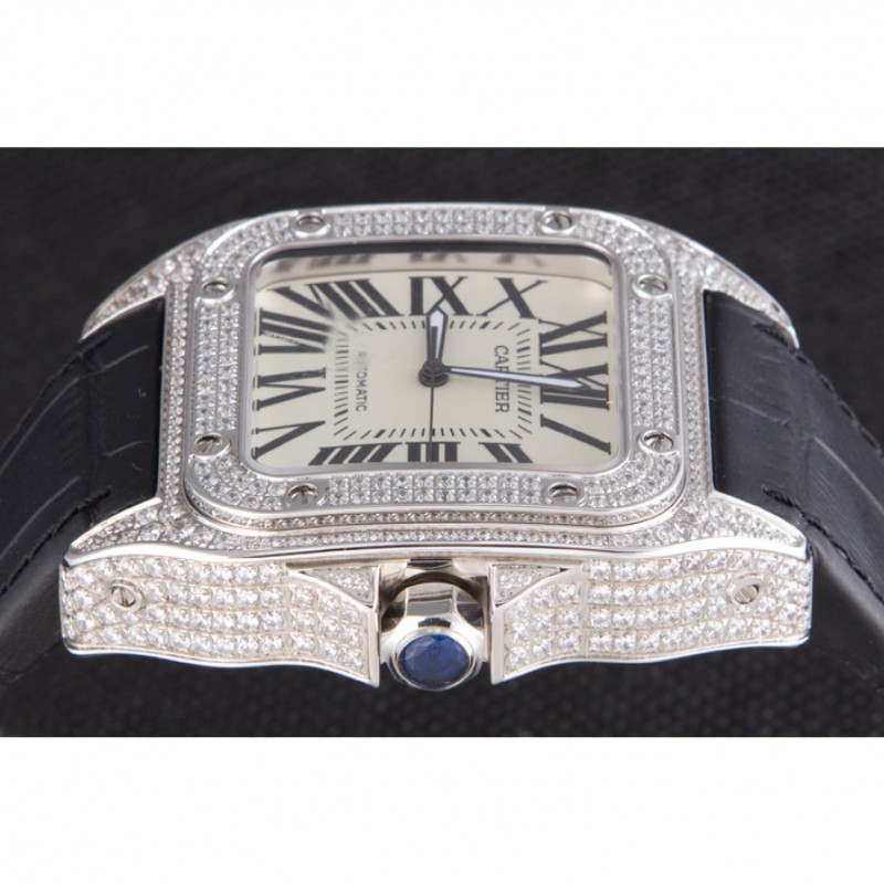 Swiss Cartier Santos Silver Bezel with Diamonds and Black Leather Strap sct47 621531-5