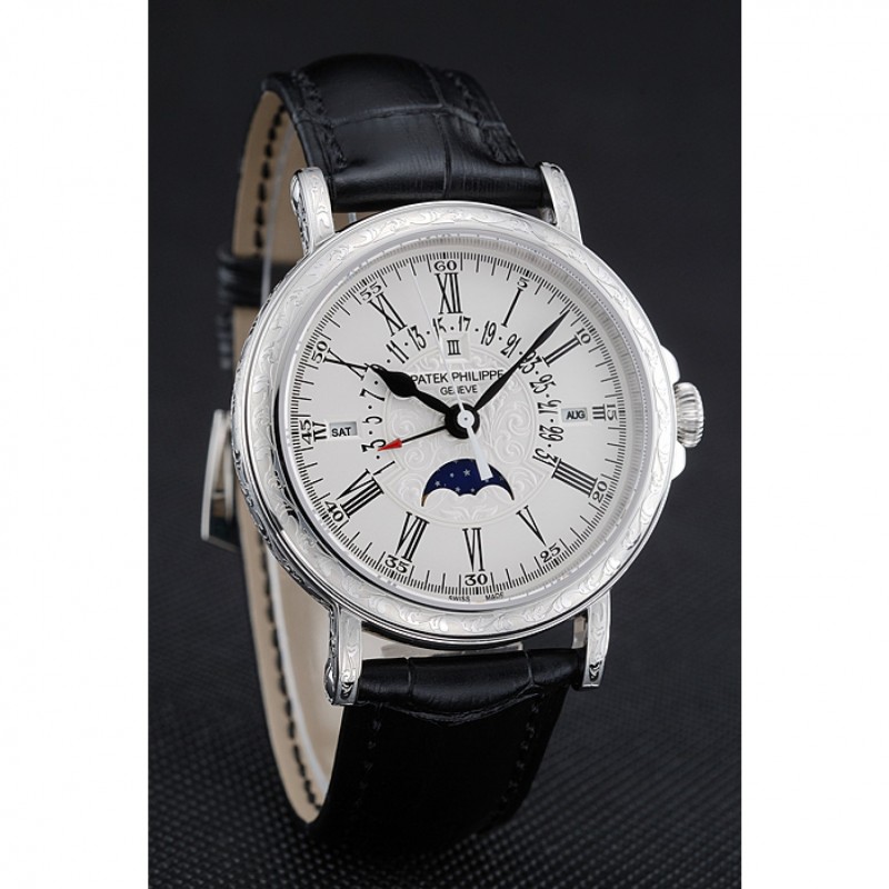 Patek Philippe Perpetual Calendar Retrograde Date White Dial Engraved Silver Case Black Leather Bracelet 1454147-2