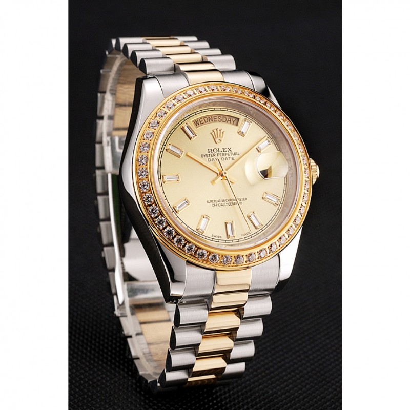 SS Replica Watches Swiss Rolex Day-Date Champagne Dial Diamond Bezel Two Tone Bracelet 1454103-2