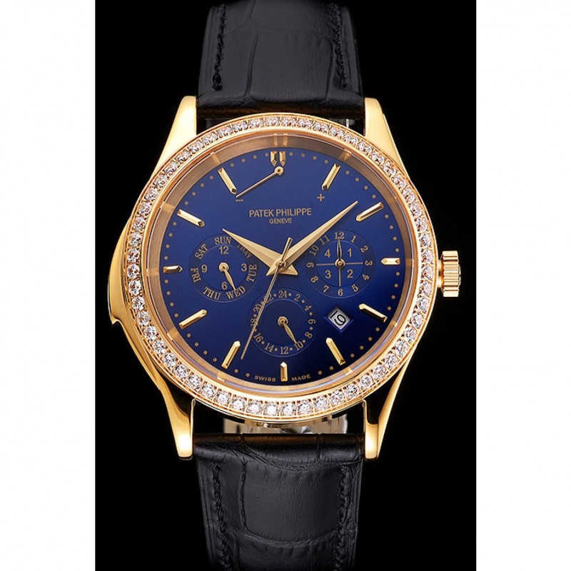 Swiss Patek Philippe Grand Complications Perpetual Calendar Blue Dial Gold Case Diamond Bezel Black Leather Strap-1