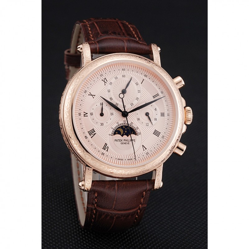 AAA Replica Watches Patek Philippe Grand Complications Rose Gold Dial Engraved Rose Gold Case Brown Leather Bracelet 1454142-2