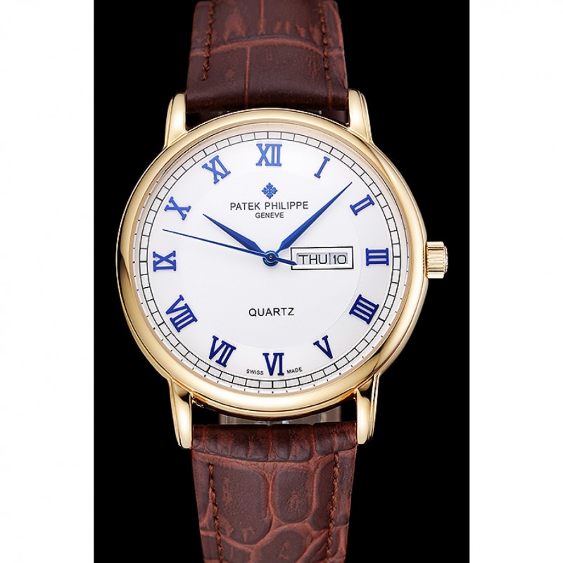 Luxury Patek Philippe Calatrava White Dial Blue Roman Numerals Gold Case Brown Leather Bracelet 1454057-1