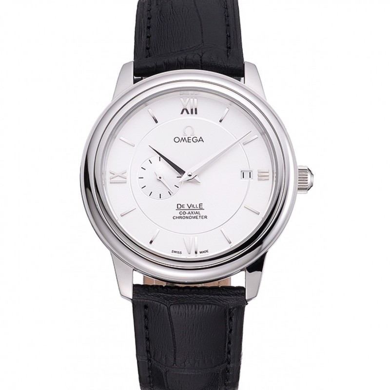 Omega De Ville Prstige Co-Axial White Dial Silver Case Black Leather Strap Roman Numeral-0
