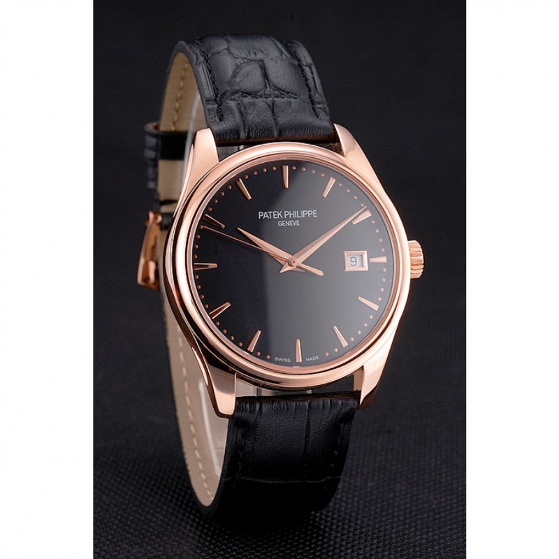 Swiss Patek Philippe Calatrava Black Dial Rose Gold Case Black Leather Strap-2