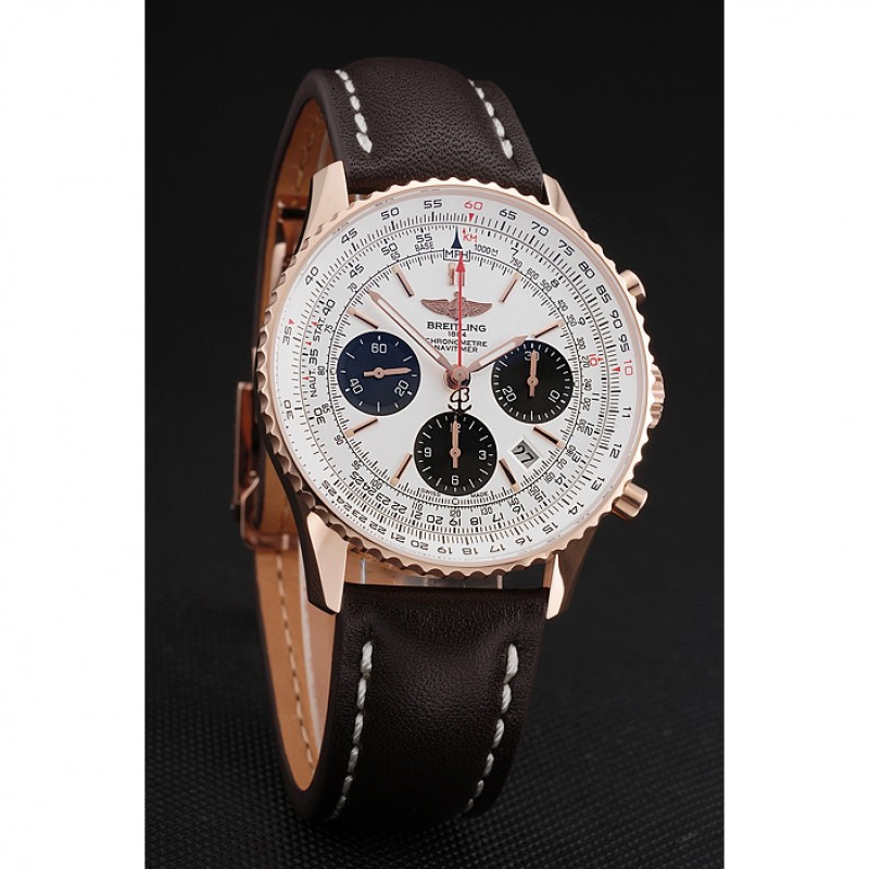 Swiss Breitling Navitimer 01 White Dial Black Subdials Rose Gold Case Brown Leather Strap-2