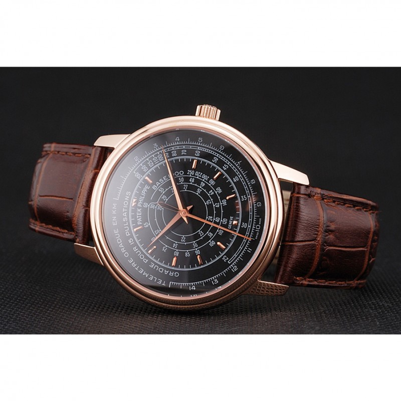 High End Swiss Patek Philippe Multi-Scale Chronograph Black Dial Rose Gold Case Brown Leather Strap-3