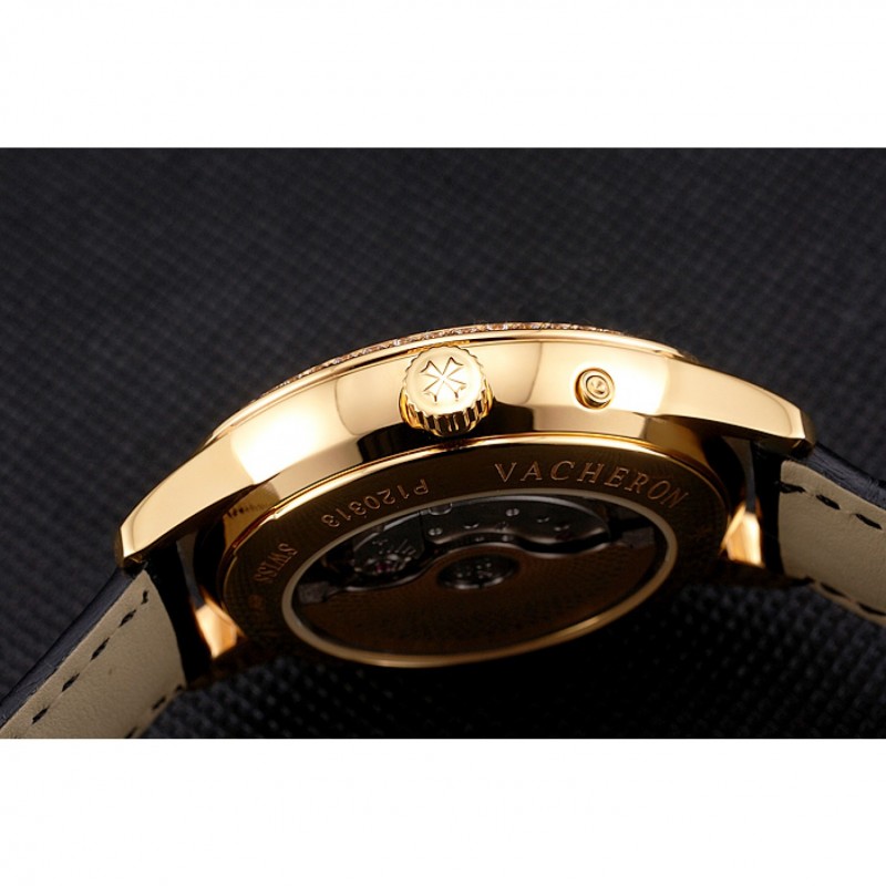 Swiss Vacheron Constantin Traditionnelle Power Reserve Gold Dial And Case Diamond Bezel Black Leather Strap-5