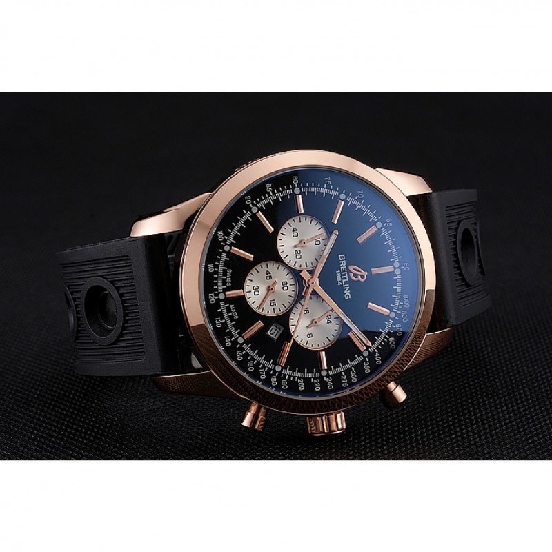 Breitling Transocean Black Dial Black Rubber Strap Rose Gold Bezel 98207-3