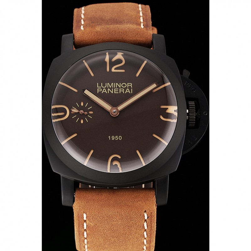 High Quality Replica Watches Swiss Panerai Luminor 1950 Brown Dial Black PVD Case Brown Suede Leather Strap 1453848-1